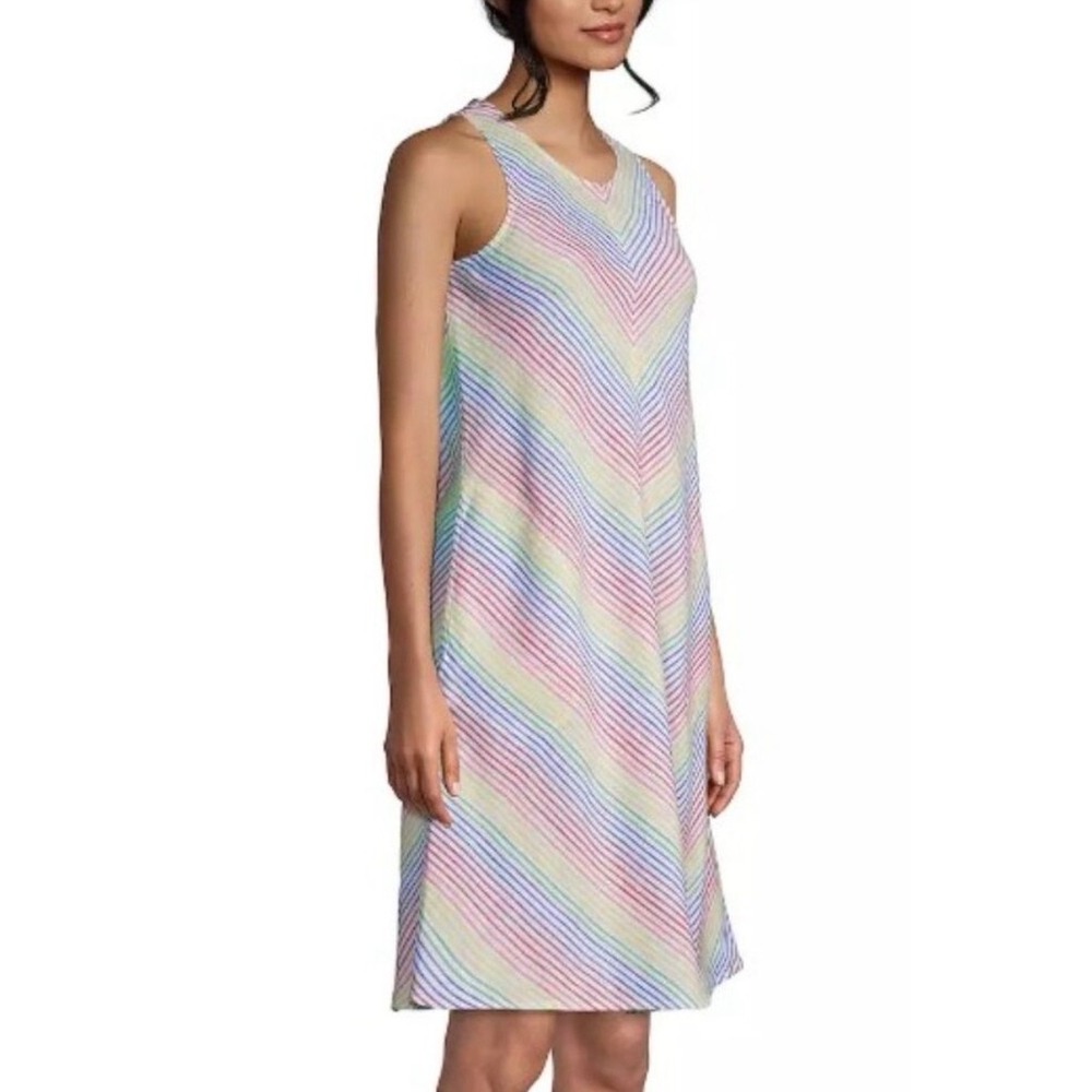 Lands End Womens Rainbow Stripe 100% Linen Sleeveless Shift Dress Size S 6-8